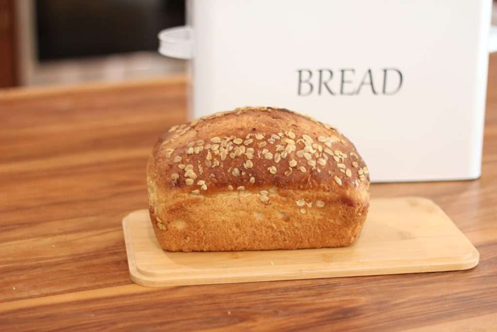 Homemade bread on cutting board.