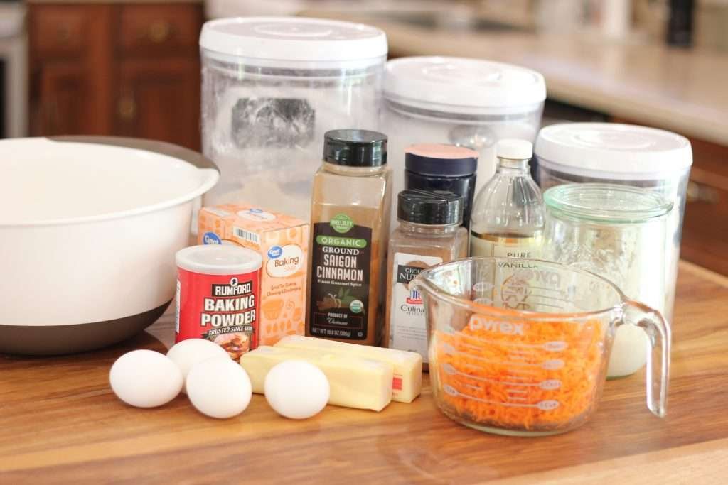 All the ingredients needed for the best sourdough Carrot Cake with cream cheese frosting