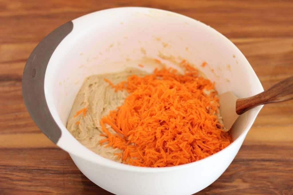 Carrot Cake Batter with shredded carrots in bowl