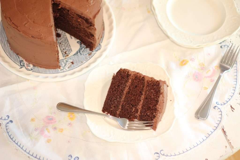 Slice of chocolate cake on plate