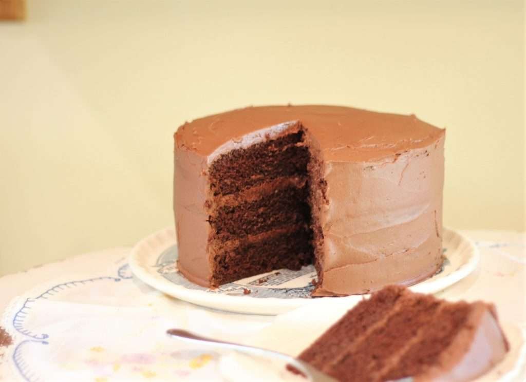 Three layer chocolate cake with chocolate frosting