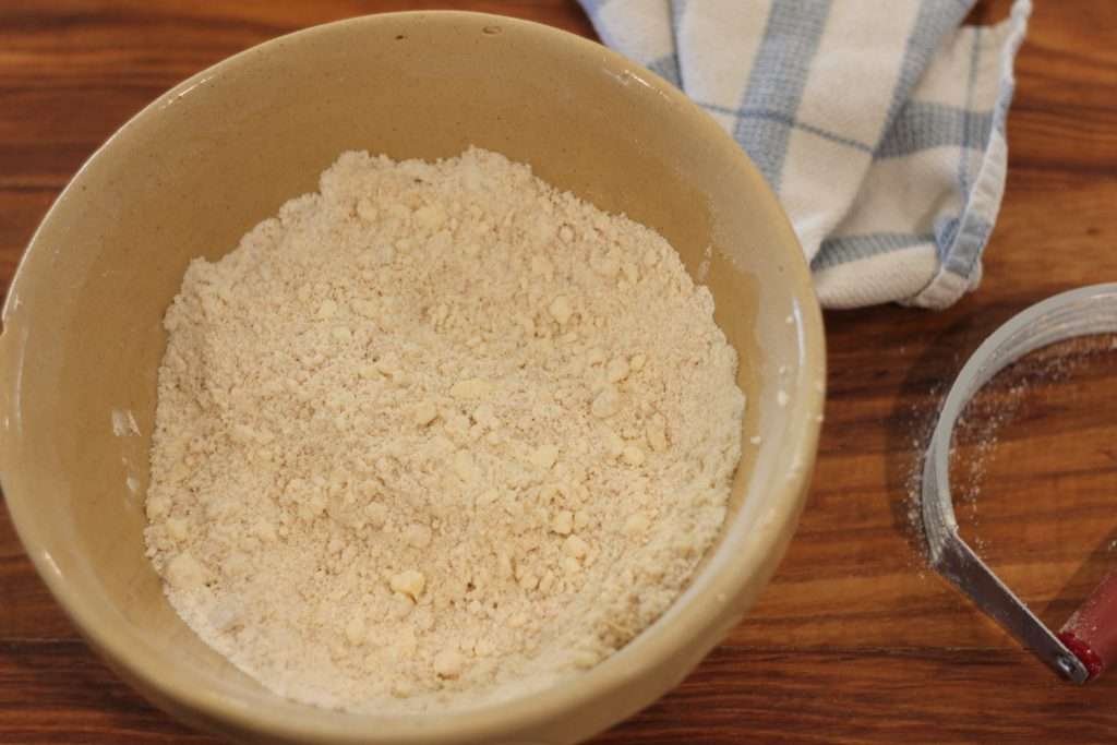 Bowl with sourdough peanut butter chocolate chip scone dough.