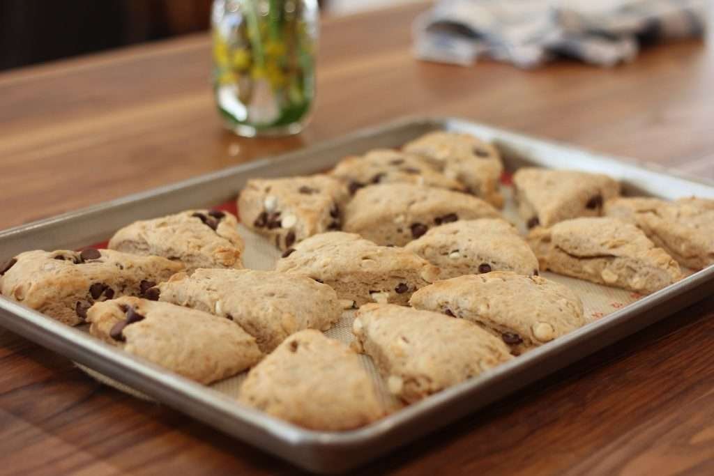 Sourdough Peanut Butter Chocolate Chip scones on cookie sheet