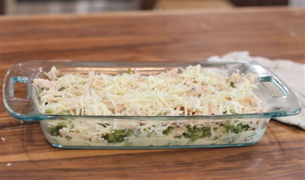 Chicken and broccoli casserole in pan