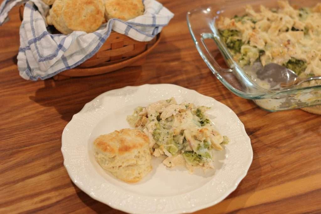 Chicken and Broccoli Casserole with biscuit on plate