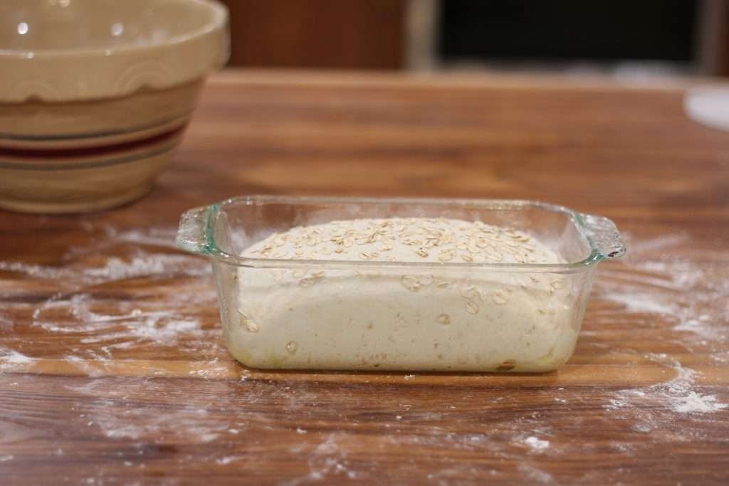 Bread dough in loaf pan with oats on top.