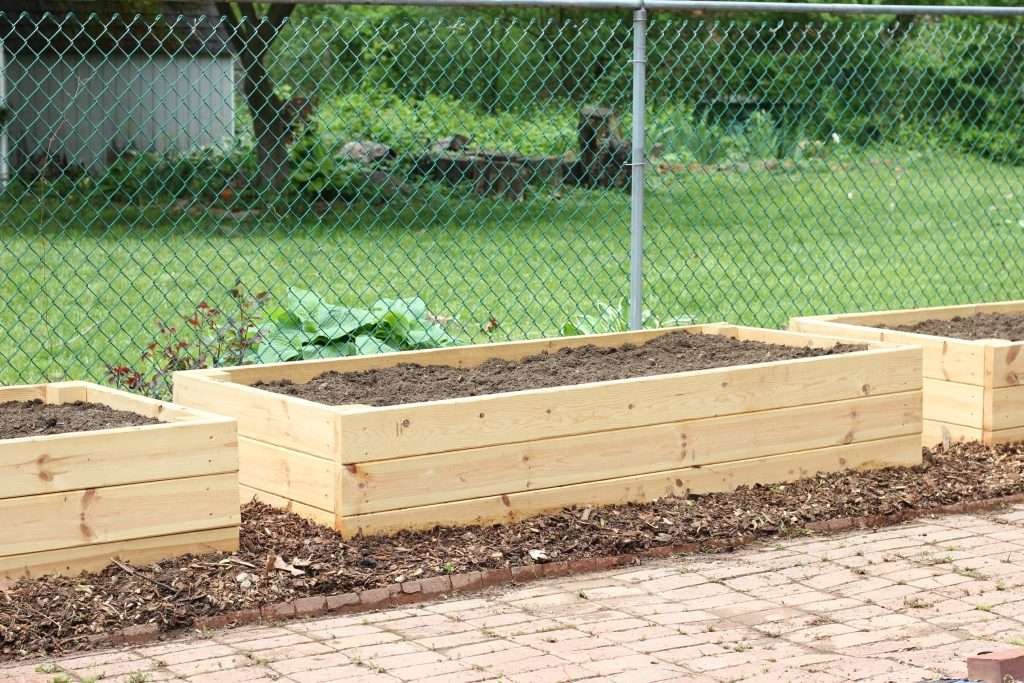 Raised garden bed by brick walkway.