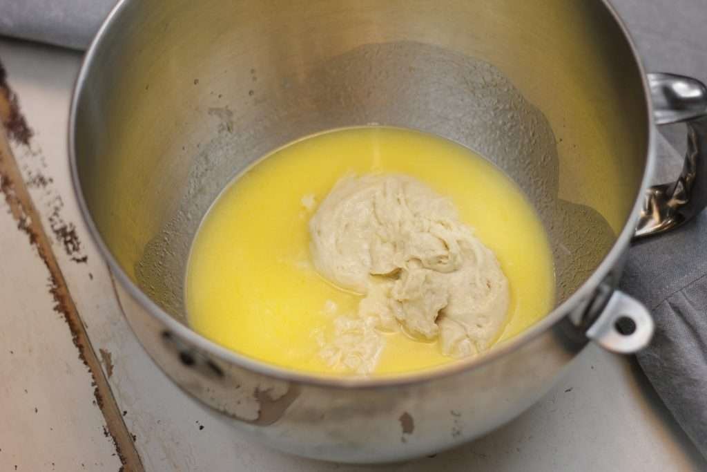 scalded milk with butter, sugar, and sourdough starter in mixing bowl