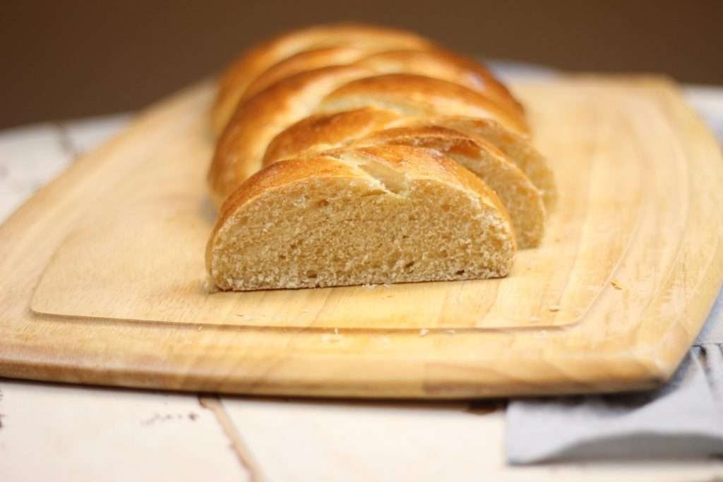 Braided Bread Sliced on cutting board