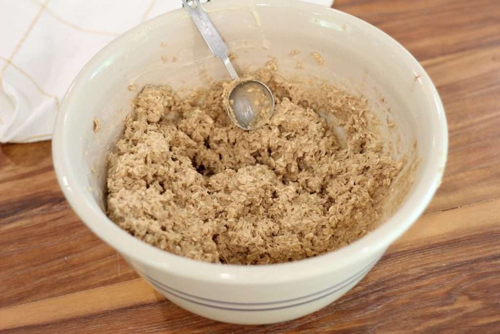 Oatmeal Cookie batter in mixing bowl.