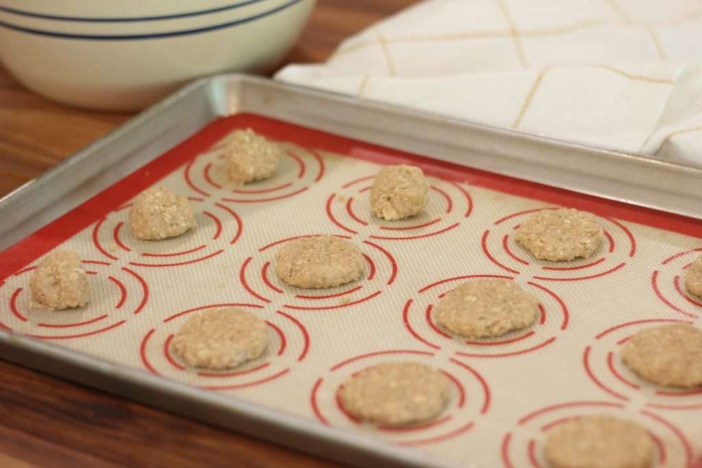 Oatmeal Cream sandwich cookie recipe with sourdough dough on pan. 