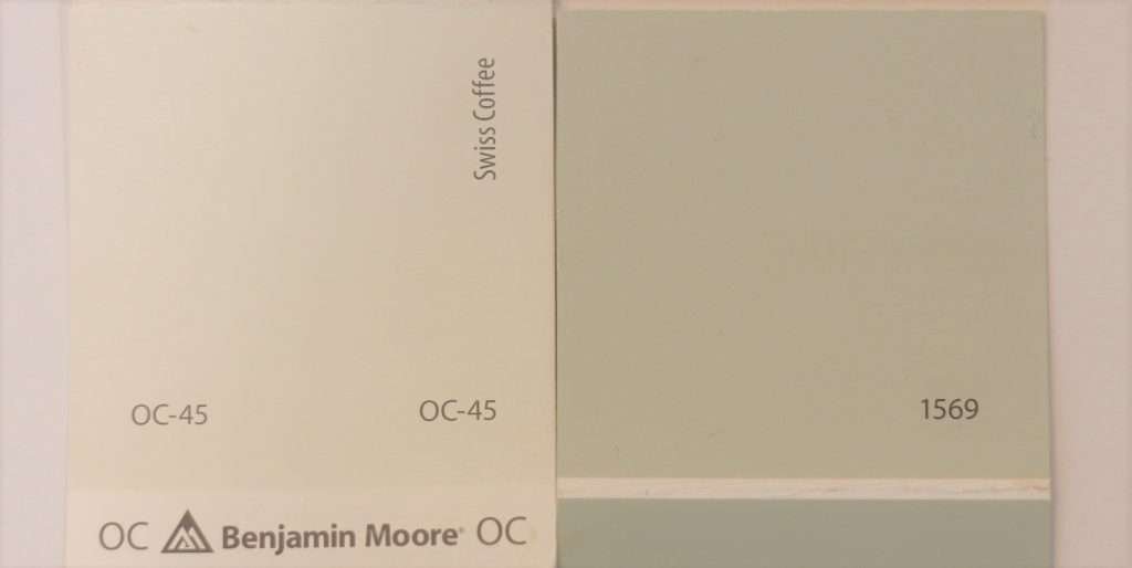 Kitchen cabinet paint colors. Benjamin Moore Swiss Coffee and Night Mist.